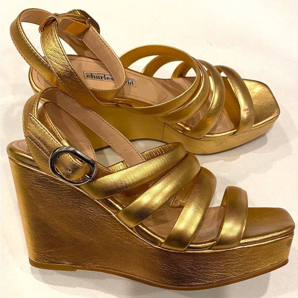 Gold Platform Square Toe Wedge Sandals